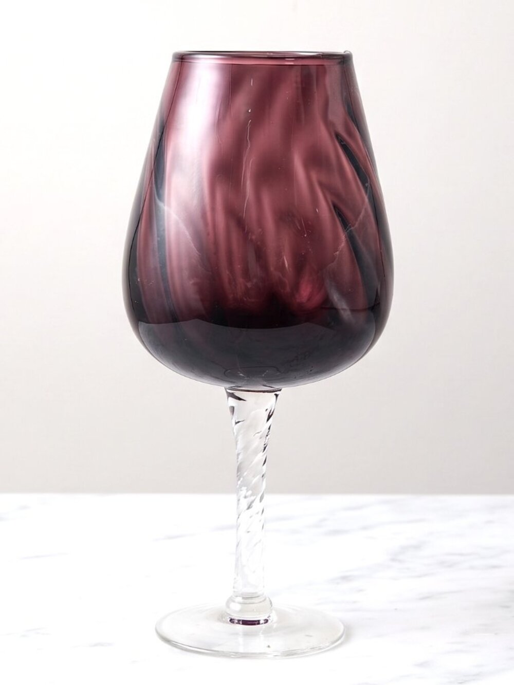Vintage Hand Blown Amethyst Purple Glass Goblet Clear Twisted Stem 10 Inch Decor